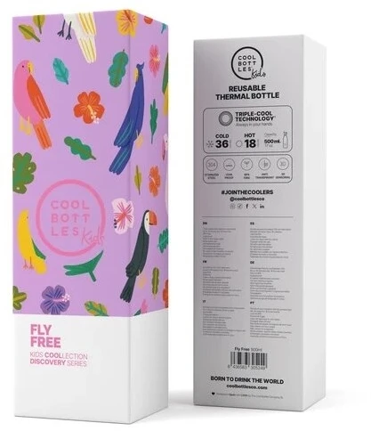 Cool Bottles - Nerūdijančio plieno vaikiškas buteliukas su šiaudeliu arba užsukimu, 500ml (Fly free)