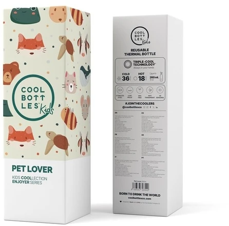 Cool Bottles - Nerūdijančio plieno vaikiškas buteliukas su šiaudeliu arba užsukimu, 260ml (Pet lover)