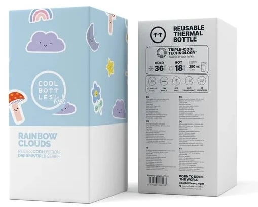 Cool Bottles - Nerūdijančio plieno vaikiškas buteliukas su atlenkiamu šiaudeliu, 350ml (Rainbow clouds)