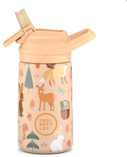 Cool Bottles - Nerūdijančio plieno vaikiškas buteliukas su atlenkiamu šiaudeliu, 350ml (Woodland buddies)