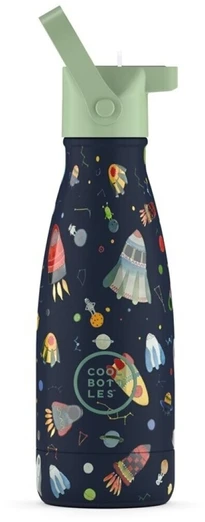 Cool Bottles - Nerūdijančio plieno vaikiškas buteliukas su šiaudeliu arba užsukimu, 260ml (Space rockets)