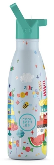 Cool Bottles - Nerūdijančio plieno vaikiškas buteliukas su šiaudeliu arba užsukimu, 350ml (Funny unicorns)