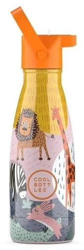 Cool Bottles - Nerūdijančio plieno vaikiškas buteliukas su šiaudeliu arba užsukimu, 260ml (Savannah Kingdom)
