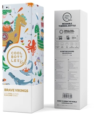 Cool Bottles - Nerūdijančio plieno vaikiškas buteliukas su šiaudeliu arba užsukimu, 350ml (Brave vikings)