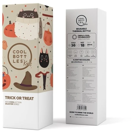 Cool Bottles - Nerūdijančio plieno vaikiškas buteliukas su šiaudeliu arba užsukimu, 260ml (Trickor treat)