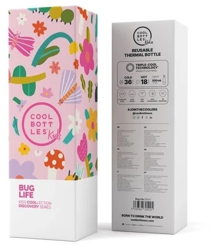 Cool Bottles - Nerūdijančio plieno vaikiškas buteliukas su šiaudeliu arba užsukimu, 500ml (Bug life)