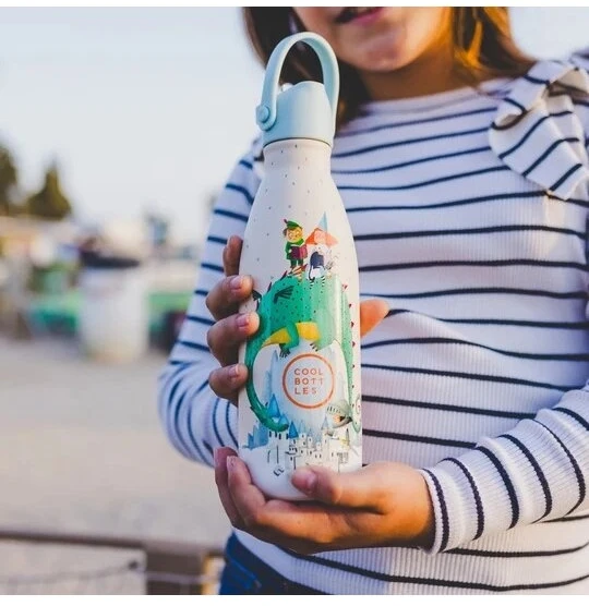 Cool Bottles - Nerūdijančio plieno vaikiškas buteliukas su šiaudeliu arba užsukimu, 350ml (Dragon dreams)