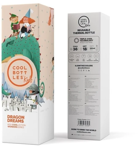 Cool Bottles - Nerūdijančio plieno vaikiškas buteliukas su šiaudeliu arba užsukimu, 350ml (Dragon dreams)