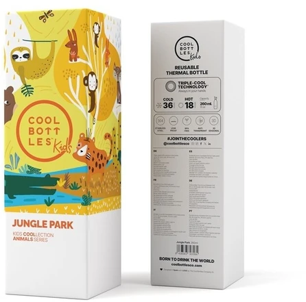 Cool Bottles - Nerūdijančio plieno vaikiškas buteliukas su šiaudeliu arba užsukimu, 260ml (Jungle park)