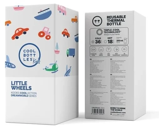 Cool Bottles - Nerūdijančio plieno vaikiškas buteliukas su atlenkiamu šiaudeliu, 350ml (Little wheels)