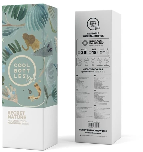 Cool Bottles - Nerūdijančio plieno vaikiškas buteliukas su šiaudeliu arba užsukimu, 260ml (Secret nature)