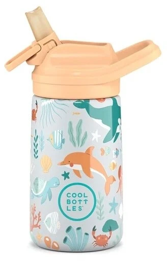 Cool Bottles - Nerūdijančio plieno vaikiškas buteliukas su atlenkiamu šiaudeliu, 350ml (Underwater world)