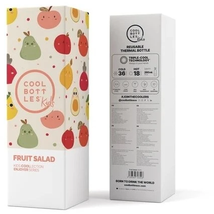 Cool Bottles - Nerūdijančio plieno vaikiškas buteliukas su šiaudeliu arba užsukimu, 260ml (Fruit salad)