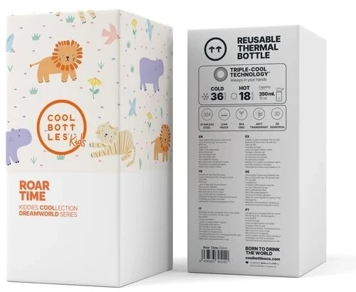Cool Bottles - Nerūdijančio plieno vaikiškas buteliukas su atlenkiamu šiaudeliu, 350ml (Roar time)