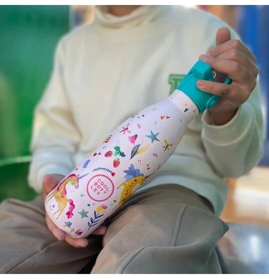 Cool Bottles - Nerūdijančio plieno vaikiškas buteliukas su šiaudeliu arba užsukimu, 350ml (Funny unicorns)