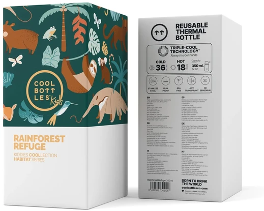 Cool Bottles - Nerūdijančio plieno vaikiškas buteliukas su atlenkiamu šiaudeliu, 350ml (Rainforest Refuge)