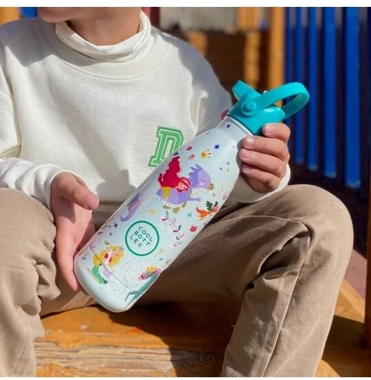 Cool Bottles - Nerūdijančio plieno vaikiškas buteliukas su šiaudeliu arba užsukimu, 350ml (Princess kingdom)