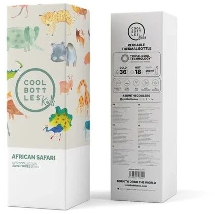 Cool Bottles - Nerūdijančio plieno vaikiškas buteliukas su šiaudeliu arba užsukimu, 260ml (African safari)