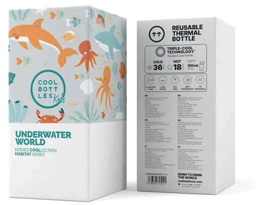 Cool Bottles - Nerūdijančio plieno vaikiškas buteliukas su atlenkiamu šiaudeliu, 350ml (Underwater world)