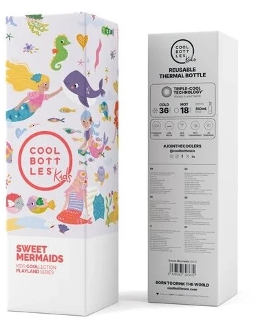 Cool Bottles - Nerūdijančio plieno vaikiškas buteliukas su šiaudeliu arba užsukimu, 350ml (Sweet mermaids)