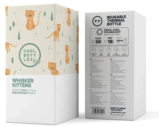 Cool Bottles - Nerūdijančio plieno vaikiškas buteliukas su atlenkiamu šiaudeliu, 350ml (Whisker kittens)