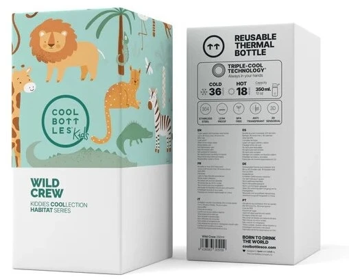 Cool Bottles - Nerūdijančio plieno vaikiškas buteliukas su atlenkiamu šiaudeliu, 350ml (Wild crew)