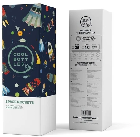 Cool Bottles - Nerūdijančio plieno vaikiškas buteliukas su šiaudeliu arba užsukimu, 260ml (Space rockets)