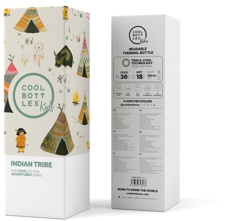 Cool Bottles - Nerūdijančio plieno vaikiškas buteliukas su šiaudeliu arba užsukimu, 260ml (Indian Tribe)