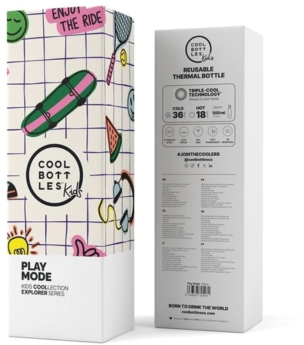 Cool Bottles - Nerūdijančio plieno vaikiškas buteliukas su šiaudeliu arba užsukimu, 500ml (Play mode)