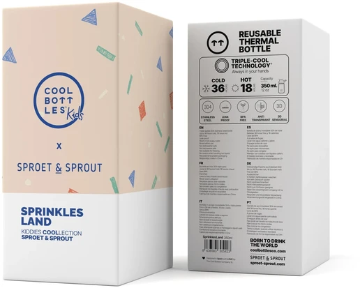 Cool Bottles - Nerūdijančio plieno vaikiškas buteliukas su atlenkiamu šiaudeliu, 350ml ( SPRT& Sprinkles Land)