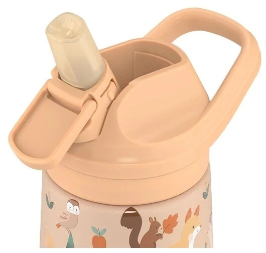 Cool Bottles - Nerūdijančio plieno vaikiškas buteliukas su atlenkiamu šiaudeliu, 350ml (Woodland buddies)