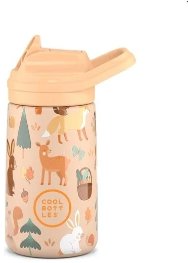 Cool Bottles - Nerūdijančio plieno vaikiškas buteliukas su atlenkiamu šiaudeliu, 350ml (Woodland buddies)