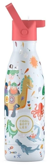 Cool Bottles - Nerūdijančio plieno vaikiškas buteliukas su šiaudeliu arba užsukimu, 350ml (Brave vikings)