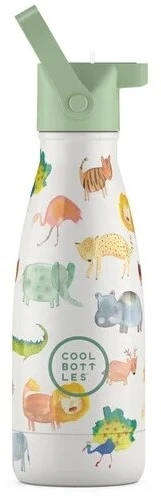 Cool Bottles - Nerūdijančio plieno vaikiškas buteliukas su šiaudeliu arba užsukimu, 260ml (African safari)