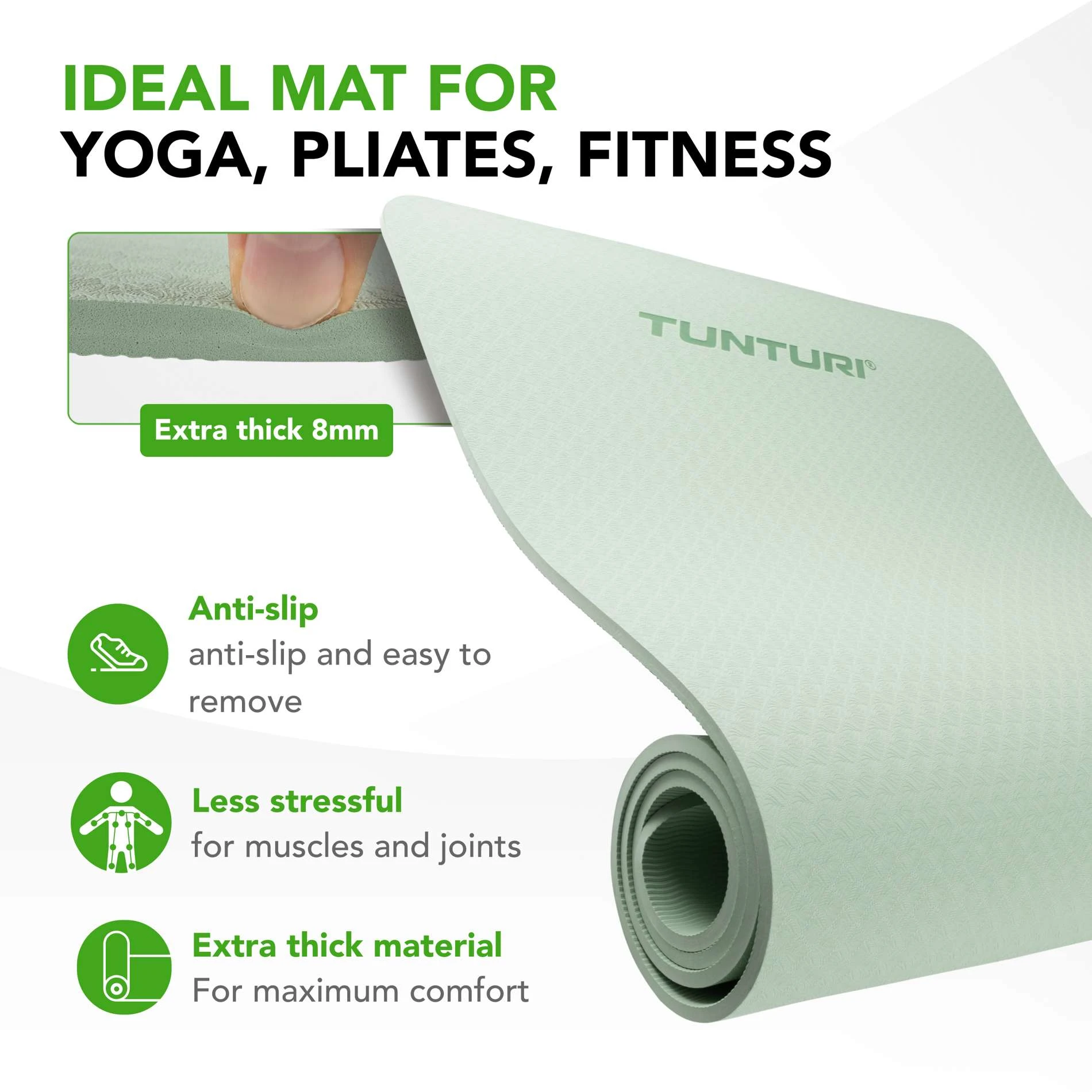 Jogos kilimėlis TUNTURI YOGA & FITNESS MAT 8 MM (Spalva: Mint) aprašymas - Prekės nuotrauka