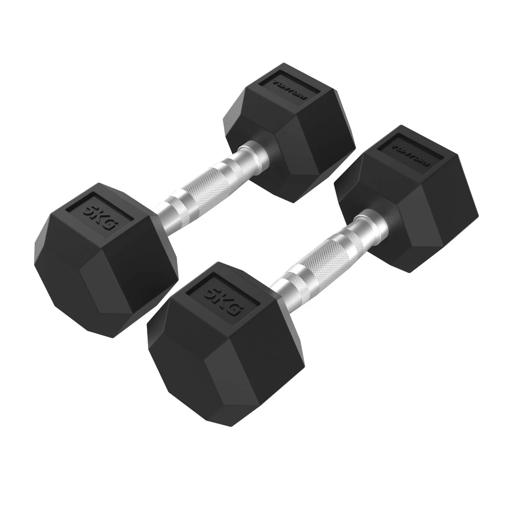 Hanteliai TUNTURI Platinum Hex Rubber Dumbbell, 1-50kg (Svoris: 2 x 5kg)
