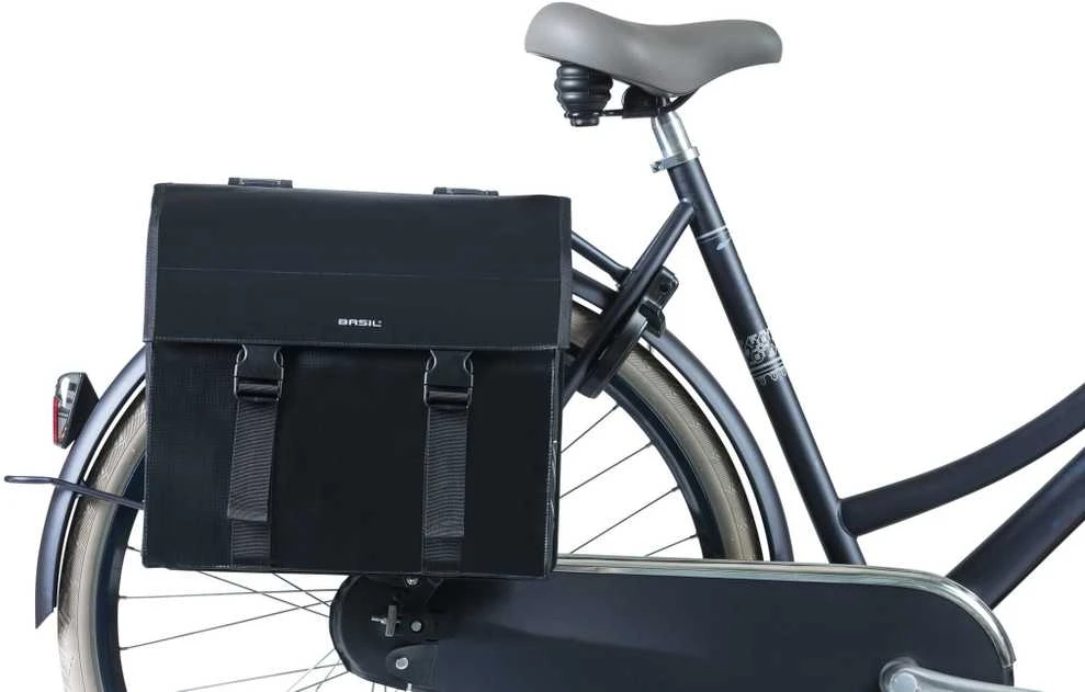 Basil BASIL URBAN LOAD DB 48-53L Double City Pannier, Universal Bridge System, Vandeniui atsparus brezentas, juodas (NAUJAS)