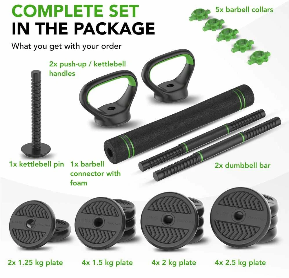 None Svarmenų rinkinys TUNTURI Vinyl Barbell & Dumbbell set (20 / 28 kg) (Svoris: 28 kg)