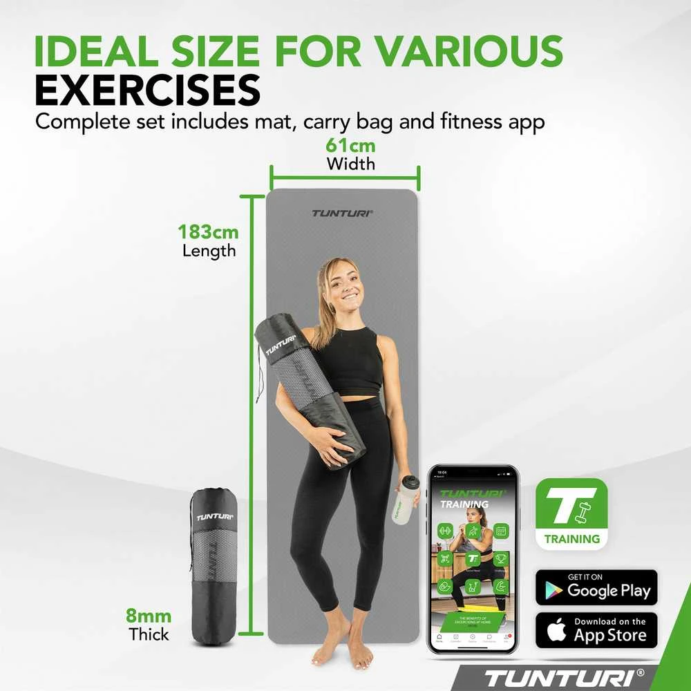 Jogos kilimėlis TUNTURI YOGA & FITNESS MAT, 8 mm, Pilkas