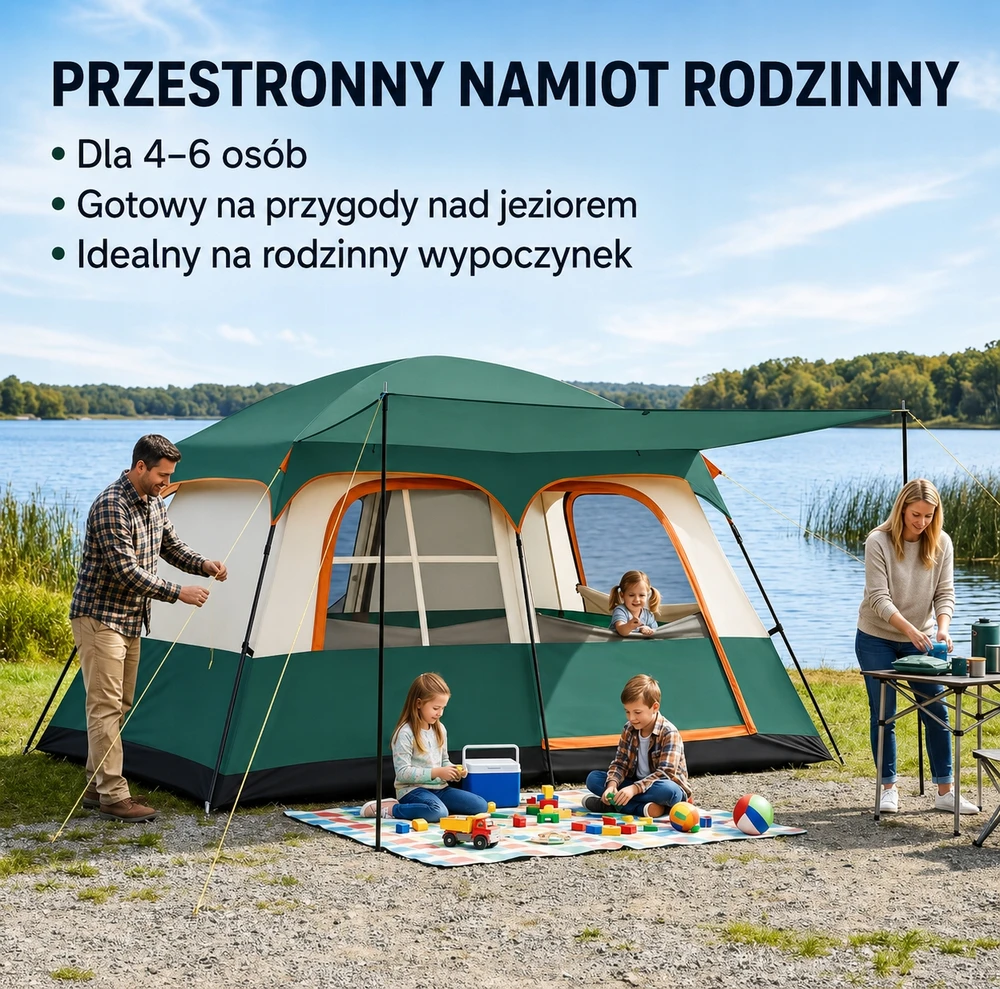 02Thc Duży namiot rodzinny kempingowy 4-6 osób žalia su przedsionkiem i torbą