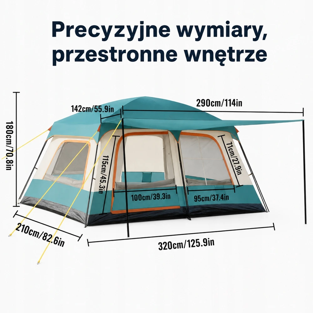 02Thc Duży namiot rodzinny kempingowy 4-6 osób žalia su przedsionkiem i torbą