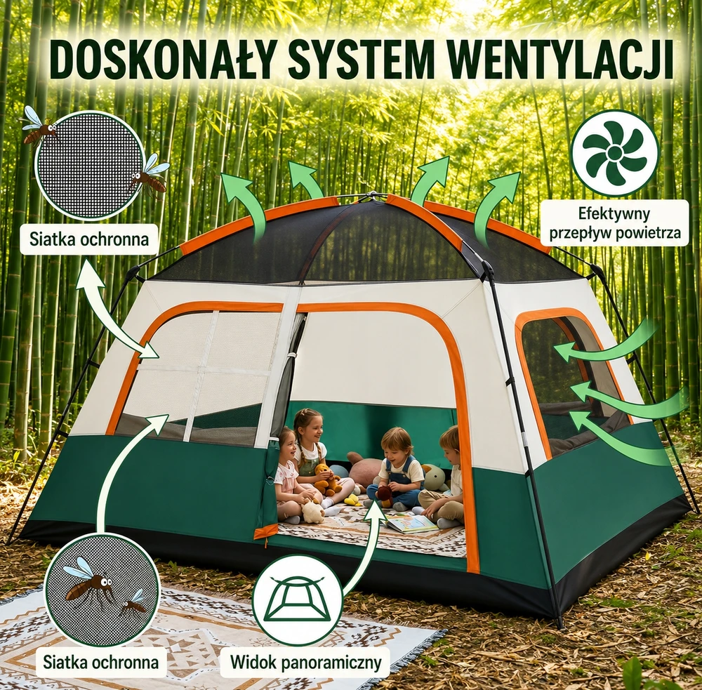 02Thc Duży namiot rodzinny kempingowy 4-6 osób žalia su przedsionkiem i torbą