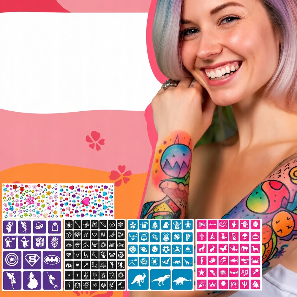 10 blizgučių rašiklių rinkinys laikinoms tatuiruotėms + trafaretai