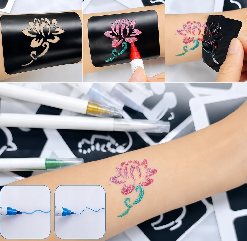 10 blizgučių rašiklių rinkinys laikinoms tatuiruotėms + trafaretai