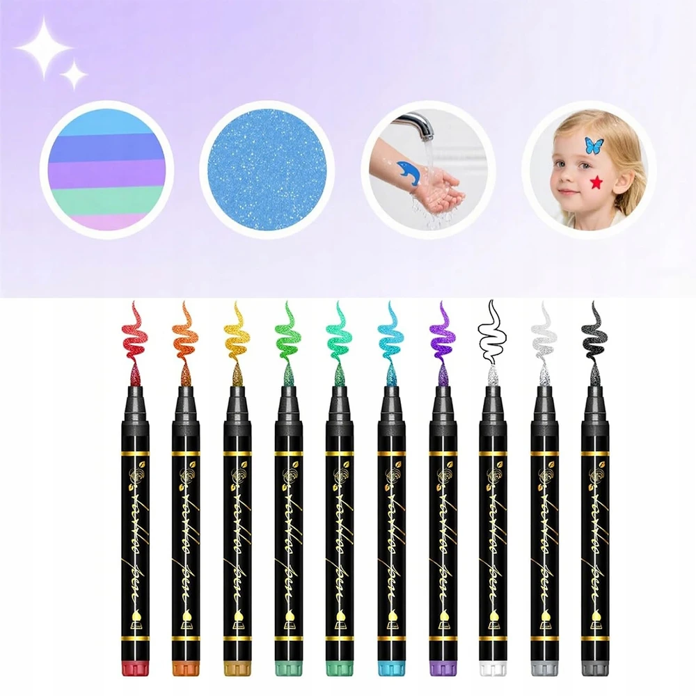 10vnt GLITTER TATTUOS ŽYMEKLIAI, skirti DAŽYTI ODĄ GLITTER + Šablonai