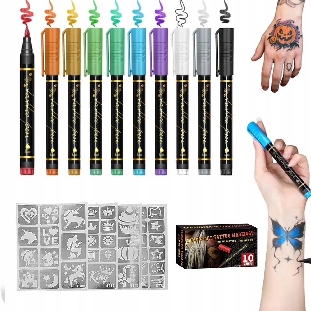 10vnt GLITTER TATTUOS ŽYMEKLIAI, skirti DAŽYTI ODĄ GLITTER + Šablonai
