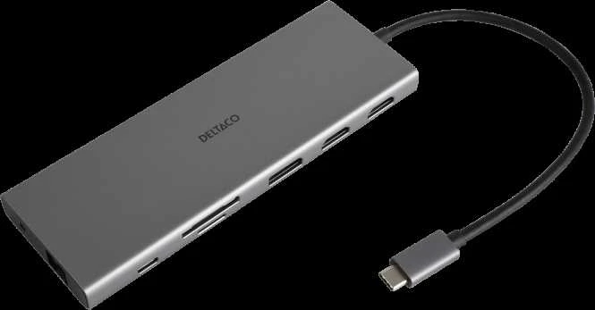 12-in-1 USB-C jungčių stotelė DELTACO, Triple display, 4K UHD 60 Hz, PD 85 W, sidabrinis / USBC-HDMI27 / 1902422