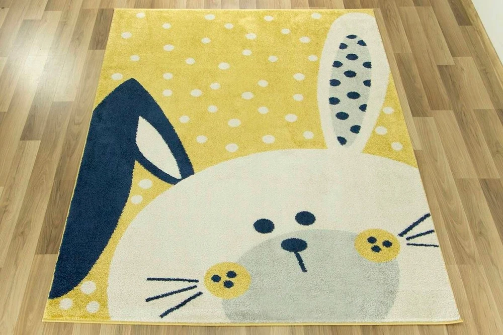140x190 cm DYWAN DLA DZIECKA Geltonas PILKA ZAJĄCZEK KROPECZKI EMILY KIDS