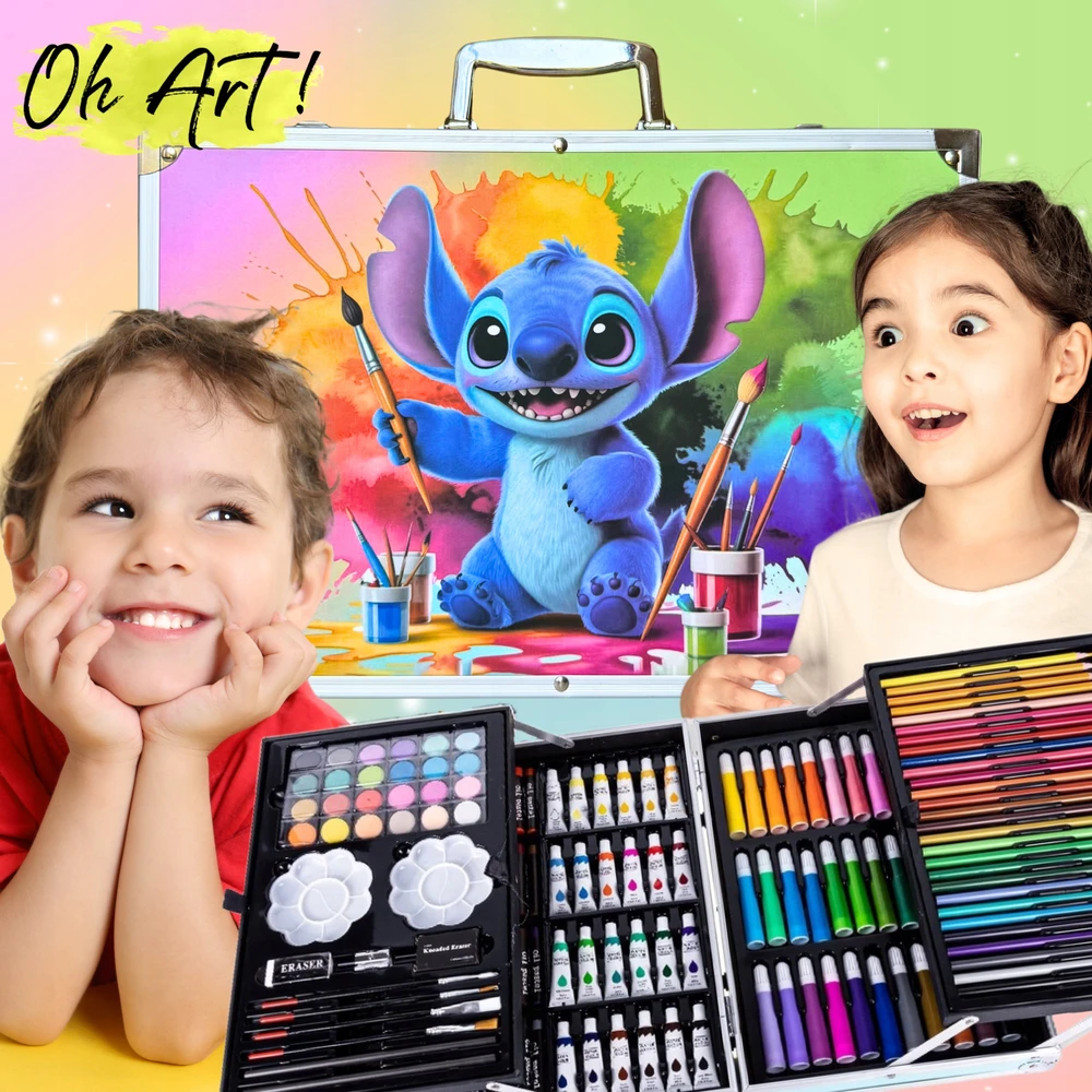 145vnt Piešimo ir Tapybos rinkinys vaikiškame lagamine Stich, profesionalus meno rinkinys vaikai, suaugusiems, paaugliams ir menininkams Oh Art!