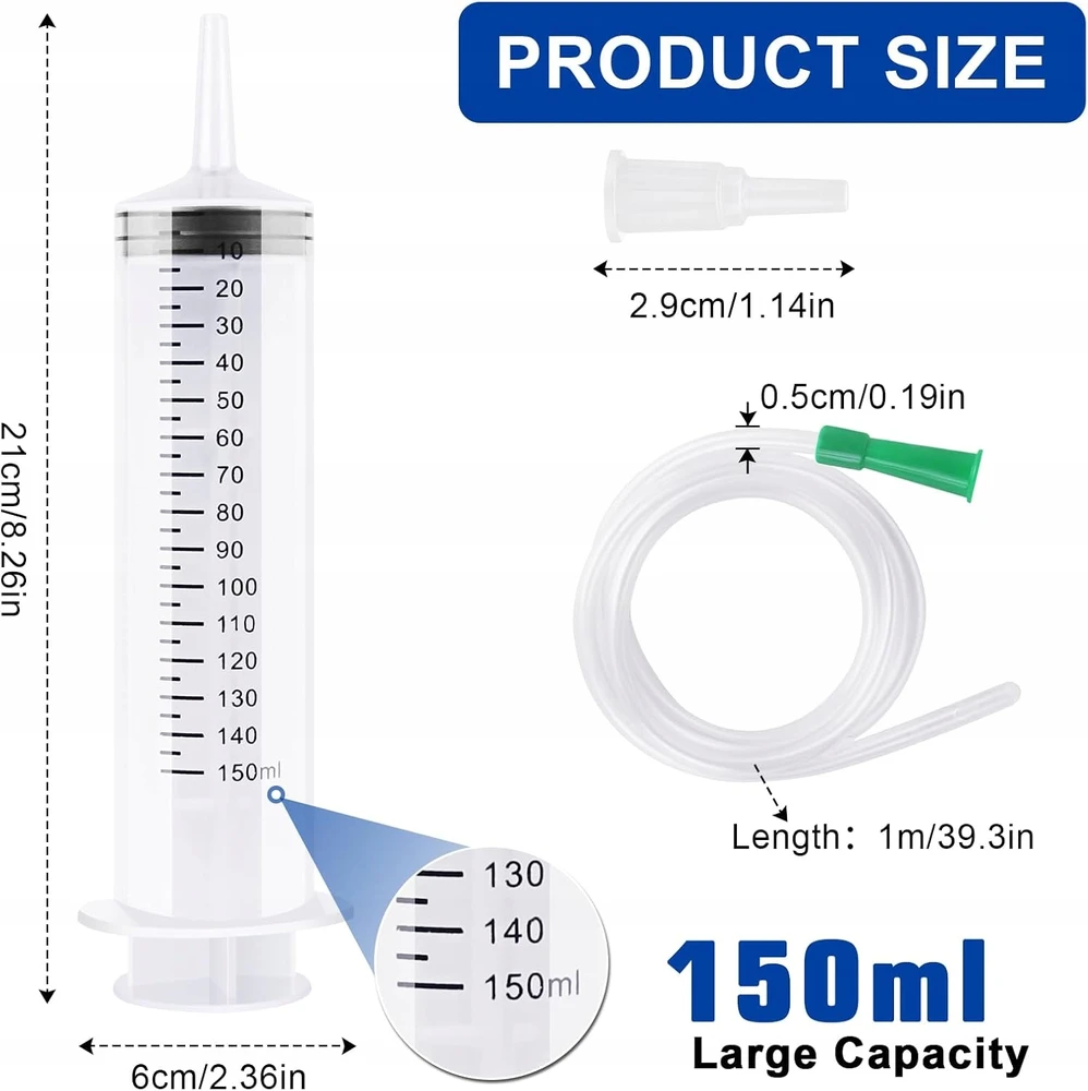 150 ml DIDELIS PLASTIKINIS DAUGkartinio naudojimo švirkštas su žarna ir dangteliu